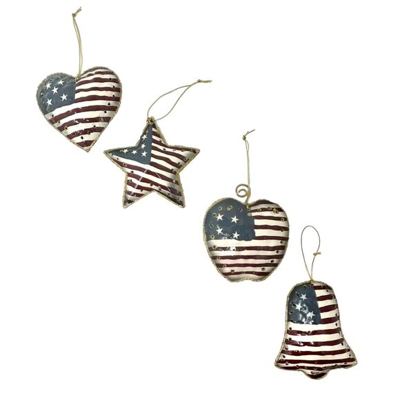 Patriotic Christmas Ornaments in Red, White, & Blue.  Heart, Star, Apple, and Be - Picture 1 of 5